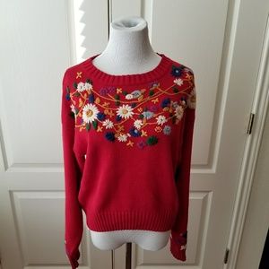 Vintage Embroidered Red Floral  Knit Sweater